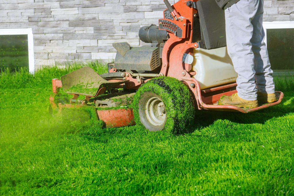 person mowing lawn